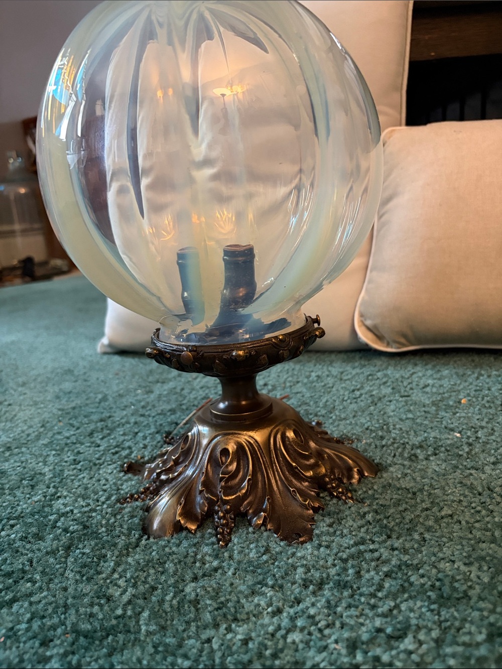 Dovetail Antiques Blue Glass Globe light fixture with Ornate Bronze Base
